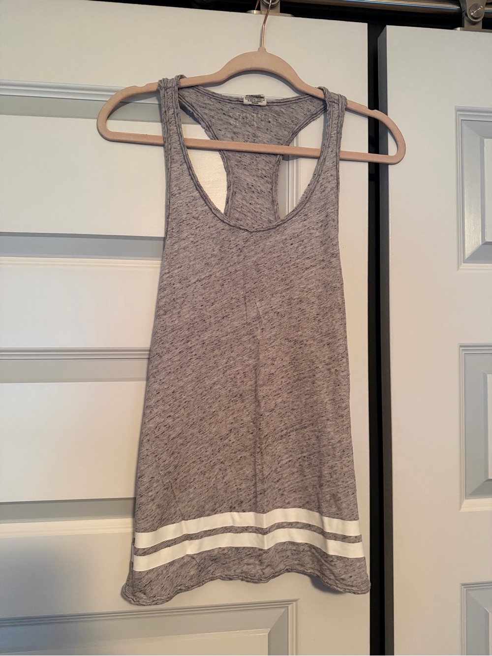 PINK Victoria's Secret Gray Racerback Tank with White Hem Stripes